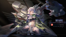 Rule 34 | 1girl, ahoge, azur lane, black thighhighs, blurry, blurry background, blush, boots, breasts, brown eyes, cannon, character name, closed mouth, commentary, depth of field, english commentary, eyebrows hidden by hair, full body, gloves, glowing, grey footwear, hair ornament, highres, hood, hood down, janyhero, large breasts, long sleeves, machinery, navel, pelvic curtain, seattle (azur lane), short hair, shrug (clothing), silver hair, smile, solo, spread legs, squatting, thighhighs, translation request, turret, v-shaped eyebrows, watermark, web address, white gloves