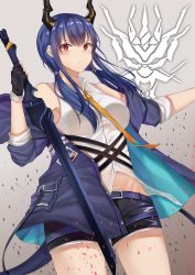 Rule 34 | 1girl, absurdres, arknights, bare shoulders, black gloves, black shorts, blue hair, blue jacket, breasts, ch&#039;en (arknights), commentary request, cowboy shot, dragon horns, dragon tail, gloves, great lungmen logo, grey background, highres, holding, holding sword, holding weapon, horns, jacket, k.f, long hair, long sleeves, looking at viewer, low twintails, medium breasts, red eyes, reverse grip, shirt, short shorts, shorts, solo, standing, sword, tail, thighs, twintails, weapon, white shirt