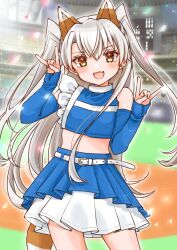 Rule 34 | 1girl, amatsukaze (kancolle), animal ears, arm warmers, baseball stadium, belt, blurry, blurry background, blush, cocoperino, confetti, crop top, fake animal ears, fake tail, fang, fox shadow puppet, grey hair, hair between eyes, highres, kantai collection, layered skirt, long hair, looking at viewer, open mouth, skin fang, skirt, solo, tail, two side up, very long hair, white belt