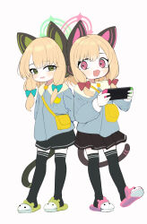 Rule 34 | 2girls, aged down, animal ear headphones, animal ears, aqua bow, bag, black thighhighs, blonde hair, blue archive, blue jacket, blush, bow, cat ear headphones, chestnut mouth, fake animal ears, full body, green eyes, green footwear, hair bow, halo, handheld game console, headphones, highres, holding, holding handheld game console, jacket, long sleeves, looking at another, midori (blue archive), momoi (blue archive), multiple girls, multiple tails, open mouth, parted lips, pink eyes, pink footwear, pleated skirt, ran (bearsoymilk), red bow, satchel, short hair, shorts, siblings, simple background, sisters, skirt, slippers, smile, tail, thighhighs, twins, white background, yellow bag