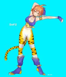 Rule 34 | 1girl, animal ears, breasts, breath of fire, breath of fire ii, capcom, cat ears, cat tail, cleavage, closed mouth, facial mark, full body, furry, furry female, gloves, highres, looking at viewer, orange hair, pointy ears, rinpoo chuan, short hair, simple background, solo, tail