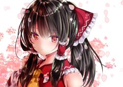 Rule 34 | 1girl, :/, ascot, blurry, blush, bow, brown hair, depth of field, frills, hair bow, hair tubes, hakurei reimu, long hair, nanase nao, petals, pink eyes, portrait, red vest, simple background, solo, touhou, vest, white background