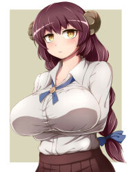 Rule 34 | 1girl, animal hair ornament, blush, breasts, brown hair, fate/grand order, fate (series), fossil, hair ribbon, highres, large breasts, learning with manga! fgo, long hair, looking to the side, mary anning (fate), ribbon, shirt, sotomichi, white background, white shirt, yellow eyes
