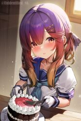 Rule 34 | 1girl, birthday, blue neckerchief, cake, food, fork, gloves, hair ornament, hairclip, happy birthday, highres, holding, holding fork, holding knife, indoors, kantai collection, knife, looking at viewer, multicolored hair, neckerchief, plate, puffy short sleeves, puffy sleeves, purple eyes, purple hair, sailor collar, school uniform, serafuku, short hair, short sleeves, sidelocks, solo, tsushima (kancolle), unidentified nk, white gloves