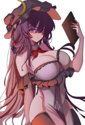 Rule 34 | 1girl, arm garter, black thighhighs, book, bow, bowtie, breasts, cleavage, detached collar, dress, hat, hat iue, highres, holding, holding book, large breasts, mob cap, patchouli knowledge, pelvic curtain, purple eyes, purple hair, red bow, red bowtie, simple background, solo, strapless, strapless dress, thighhighs, touhou, white background