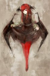 Rule 34 | 1girl, bad id, bad pixiv id, bat wings, blouse, clothes lift, curtsey, dress, dress lift, embodiment of scarlet devil, female focus, grey background, head wings, highres, koakuma, long hair, mgn0isi, pantyhose, red eyes, red hair, red pantyhose, shirt, solo, touhou, white shirt, wings