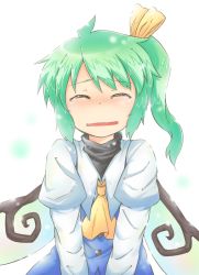 Rule 34 | 1girl, ascot, blush, closed eyes, daiyousei, dress, female focus, green hair, hair ribbon, long sleeves, open mouth, ribbon, short hair, side ponytail, simple background, snowing, tears, touhou, v arms, viva!!, white background, wings