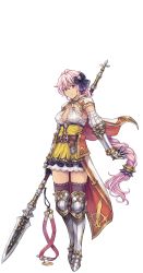 Rule 34 | 1girl, 44ron, armor, armored boots, boots, bow, braid, breasts, capelet, cleavage, full body, greaves, hair bow, highres, holding, holding spear, holding weapon, long hair, looking at viewer, medium breasts, official art, pink eyes, pink hair, polearm, reshia, sennen sensou aigis, skirt, smile, solo, spear, transparent background, very long hair, weapon