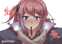 Rule 34 | 1girl, bad id, bad pixiv id, blush, commentary, eyebrows, food, girls&#039; frontline, hair between eyes, heavy breathing, incoming pocky kiss, jacket, long hair, looking at viewer, multicolored hair, o.k.corral, pink hair, pocky, pov, simple background, solo, st ar-15 (girls&#039; frontline), streaked hair