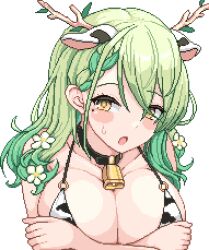 Rule 34 | 1girl, animal ears, animal print, antlers, bell, bikini, blush stickers, braid, branch, breast hold, breasts, ceres fauna, cleavage, commentary, cow ears, cow print, cow print bikini, cowbell, crossed arms, extra ears, flower, green hair, hair between eyes, hair flower, hair ornament, hololive, hololive english, horns, large breasts, light green hair, looking at viewer, mole, mole under eye, multicolored hair, neck bell, open mouth, pixel art, print bikini, side braid, simple background, solo, swimsuit, symbol-only commentary, two-tone hair, upper body, virtual youtuber, white background, yellow eyes, zou eita