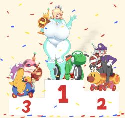 Rule 34 | 1girl, 2boys, blonde hair, blue footwear, blue gloves, bodysuit, boots, breasts, bursting belly, closed eyes, confetti, dotil, facial hair, full body, gigantic breasts, gloves, hair over one eye, happy, hat, heavy, highres, long hair, long sleeves, mario (series), mario kart, mario kart 8, motor vehicle, motorcycle, multiple boys, mustache, nintendo, open mouth, overalls, plump, podium, rosalina, roy koopa, sitting, smile, spiked shell, standing, sunglasses, teeth, thick thighs, thighs, tongue, trophy, upper teeth only, waluigi, white bodysuit, white gloves, wiggler, yoshi