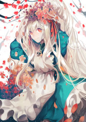 Rule 34 | 1girl, blonde hair, dress, flower, highres, jewelry, kagerou project, key, key necklace, kozakura marry, long hair, necklace, petals, red eyes, solo, syeoseul