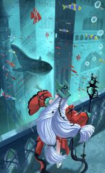 Rule 34 | 1girl, absurdres, angelfish, arknights, blue gloves, blue hat, boots, building, commentary, detached sleeves, dress, fish, gloves, grey hair, hat, highres, holding, holding staff, long hair, long sleeves, looking away, ocean, railing, red dress, red eyes, red sleeves, scenery, skadi (arknights), skadi the corrupting heart (arknights), solo, staff, tropical fish, underwater, very long hair, whale, white footwear, wide sleeves, xiao huang