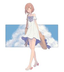 Rule 34 | 1girl, bad id, bad twitter id, bag, blue sky, brown eyes, brown hair, cloud, commentary request, dress, full body, hat, unworn hat, unworn headwear, highres, kantai collection, looking at viewer, no headgear, open mouth, toeless footwear, round teeth, sandals, short hair, sky, smile, solo, spaghetti strap, standing, straw hat, sun hat, sundress, teeth, upper teeth only, white background, white dress, yama (yam0a), yukikaze (kancolle)