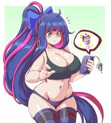 Rule 34 | 1girl, accessories, alternate hairstyle, bow, bow panties, bowtie, breasts, cellphone, chuck (psg), cleavage, food, highres, honekoneko (psg), ice cream, large breasts, lewdamone, long hair, navel, panties, panty &amp; stocking with garterbelt, phone, pink hair, ponytail, stocking (psg), striped clothes, striped panties, striped thighhighs, sundae, thighhighs, underwear, very long hair