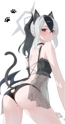 Rule 34 | 1girl, absurdres, animal ears, ass, babydoll, black babydoll, black choker, black hair, black horns, black panties, black wings, blue archive, blush, breasts, cat ears, cat tail, choker, closed mouth, demon horns, demon wings, from behind, grey halo, hair between eyes, halo, highres, horns, kayoko (blue archive), long hair, looking at viewer, matcha (matttttya1), multicolored hair, panties, red eyes, simple background, single wing, small breasts, solo, standing, tail, two-tone hair, underwear, white background, white hair, wings