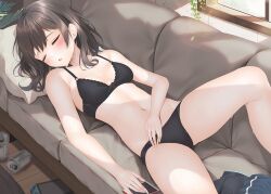 1girl beer_can black_bra black_hair black_panties bra breasts can cellphone closed_eyes commentary_request couch drink_can feet_out_of_frame hand_on_own_stomach lying minato_ojitan original panties phone short_hair sleeping small_breasts smartphone solo underwear underwear_only unworn_clothes window