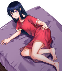 Rule 34 | 1girl, adashino oto, aona (anagasaki), barefoot, black hair, dress, expressionless, from above, hand on own hip, highres, kaii to otome to kamikakushi, long hair, looking at viewer, lying, on bed, on side, open mouth, purple eyes, red dress, short sleeves, solo, twitter username, white background