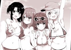 Rule 34 | 10s, 4girls, :d, ;d, arm up, armpits, atago (kancolle), bikini, blush, breast press, breasts, choukai (kancolle), cleavage, double v, eyewear on head, frilled bikini, frills, girl sandwich, hair ornament, hairclip, hat, kantai collection, large breasts, leaning forward, looking at viewer, maya (kancolle), monochrome, multiple girls, navel, one eye closed, open mouth, original, outdoors, parted bangs, photo (object), sandwiched, sideboob, sketch, smile, string bikini, striped bikini, striped clothes, sunglasses, swimsuit, takao (kancolle), tetsujin momoko, v, wristband