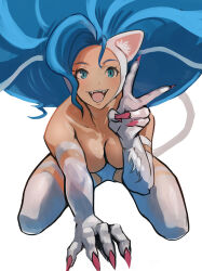 Rule 34 | 1girl, absurdres, animal ears, animal hands, blue eyes, blue hair, breasts, cat ears, cat tail, felicia (vampire), highres, medium breasts, meke (77842928), open mouth, simple background, smile, solo, tail, teeth, tongue, upper teeth only, v, vampire (game), white background