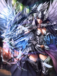 Rule 34 | 1girl, absurdres, armor, arrow (projectile), black eyes, black hair, boots, bow (weapon), breasts, chaosringen, cleavage, feathers, gauntlets, hair over one eye, highres, large breasts, lightning, long hair, original, solo, thigh boots, thighhighs, valkyrie, weapon, wings