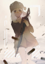 Rule 34 | 18 (backstreetno18), 1girl, blurry, blush, brown eyes, brown jacket, brown shorts, closed mouth, collarbone, commentary request, facing viewer, gillian (yakusoku no neverland), grey hat, gun, hair between eyes, hat, holding, holding gun, holding weapon, jacket, long sleeves, looking at viewer, medium hair, shell casing, shorts, simple background, smile, solo, standing, weapon, white hair, yakusoku no neverland