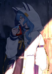 Rule 34 | 1girl, absurdres, belt, blue choker, blue hair, blue nails, blue sailor collar, blue shirt, blue skirt, bow, bowtie, choker, drinking straw, drinking straw in mouth, highres, holding, hololive, hood, hood up, hooded jacket, hoshimachi suisei, hoshimachi suisei (school uniform), jacket, juice box, long hair, long sleeves, looking away, looking to the side, mikan (chipstar182), nail polish, open clothes, open jacket, profile, sailor collar, shirt, skirt, solo, virtual youtuber, white belt, white jacket, yellow bow, yellow bowtie