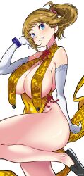 Rule 34 | 1girl, absurdres, aiuti, blue eyes, breasts, bridal gauntlets, brown hair, china dress, chinese clothes, cleavage, dress, gundam, gundam build fighters, gundam build fighters try, highres, hoshino fumina, large breasts, looking at viewer, ponytail, scrunchie, smile, solo, thick thighs, thighs, yellow dress
