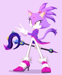 Rule 34 | 1girl, animal ears, blaze the cat, cat ears, cat girl, cat tail, forehead jewel, fur-trimmed footwear, fur-trimmed gloves, fur trim, furry, furry female, gloves, high heels, highres, jacket, jeweled scepter, pants, pink footwear, purple background, purple jacket, siggiedraws, simple background, sonic (series), tail, white gloves, white pants, yellow eyes