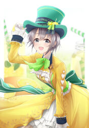 Rule 34 | 1girl, ascot, black eyes, blurry, blurry background, blush, bow, bowtie, breasts, collared shirt, dress, feet out of frame, food, fruit, gloves, green bow, green bowtie, green hat, grey hair, hand on headwear, hat, highres, idolmaster, idolmaster cinderella girls, leaning forward, lemon, lemon slice, long sleeves, looking at viewer, nakata (nkt vvd), open mouth, otokura yuuki, shirt, short hair, sidelocks, small breasts, smile, solo, top hat, white gloves, white shirt, yellow dress