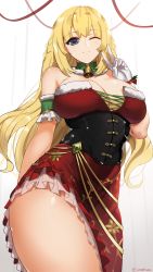 Rule 34 | 1girl, absurdres, bell, blonde hair, blue eyes, breasts, choker, christmas, cleavage, curvy, dress, fur trim, gloves, highres, large breasts, long hair, looking at viewer, neck bell, neptune (series), one eye closed, sendo (sendrawz), sleeveless, smile, solo, strapless, strapless dress, thighs, tube dress, v, vert (neptunia), white gloves, wide hips