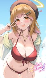Rule 34 | 1girl, amami rame, beret, bikini, black hat, blue sky, blush, breasts, cloud, commentary request, dated, day, front-tie bikini top, front-tie top, hair ornament, hairclip, halo, happy birthday, hat, highres, indie virtual youtuber, jewelry, kibihimi, large breasts, looking at viewer, medium hair, navel, necklace, open mouth, orange eyes, outdoors, red bikini, sky, solo, swimsuit, teeth, upper teeth only, v, virtual youtuber, yellow halo