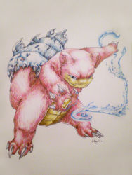 Rule 34 | biting, blue eyes, claws, commentary, creature, creatures (company), endivinity, fangs, full body, game freak, gen 1 pokemon, hydrokinesis, nintendo, no humans, outstretched arms, pokemon, pokemon (creature), pokemon rgby, realistic, red eyes, sharp teeth, simple background, slowbro, smile, solo, standing, teeth, traditional media, water, white background