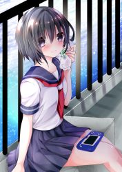 Rule 34 | 1girl, arm at side, black hair, blush, bottle, closed mouth, collar, collarbone, commentary request, eyebrows, hair between eyes, handheld game console, holding, holding bottle, looking at viewer, nanase nao, neckerchief, official art, outdoors, pleated skirt, purple eyes, railing, river, school uniform, serafuku, shirt, short hair, short sleeves, sitting, skirt, smile, solo, sunlight, tareme, water, water bottle, white shirt