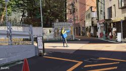 Rule 34 | 1girl, black beanie, blonde hair, blue jacket, building, cityscape, commentary request, end card, fence, highres, jacket, kerorira, kneehighs, long sleeves, official art, outdoors, road, second-party source, socks, solo, standing, thigh strap, traffic cone, utility pole, yamanouchi kano, yoru no kurage wa oyogenai
