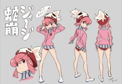 Rule 34 | 1girl, arms up, ass, beret, buruma, character sheet, closed mouth, curvy, dated, from behind, frown, grey background, gym uniform, hat, highres, jacket, jakuzure nonon, kill la kill, looking at viewer, looking back, official art, open mouth, partially translated, pink eyes, pink hair, pink jacket, print headwear, red buruma, red hat, shoes, short hair, sidelocks, simple background, single vertical stripe, skull print, smile, sneakers, solo, standing, sushio, sweater, track jacket, translation request, white footwear