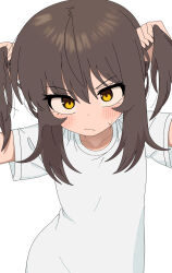 Rule 34 | 1girl, annoyed, black hair, blush, closed mouth, embarrassed, female focus, grabbing own hair, highres, looking at viewer, nakta, original, shirt, simple background, solo, sweatdrop, t-shirt, white background, white shirt, yellow eyes