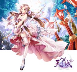 Rule 34 | bare shoulders, breasts, brown eyes, cleavage, copyright name, day, dress, flower, full body, gloves, hair flower, hair ornament, holding, holding sword, holding weapon, lantern, logo, long hair, medium breasts, novoland, official art, outdoors, petals, pink hair, rock, standing, standing on one leg, sword, tassel, thighhighs, tree, tyouya, very long hair, weapon, white dress, white gloves, white legwear