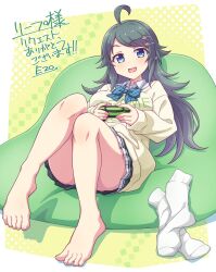 Rule 34 | 1girl, absurdres, ahoge, bean bag chair, blue bow, blue bowtie, blush, bow, bowtie, breasts, commission, controller, convenient leg, e20, feet, full body, game controller, green hair, highres, holding, holding controller, holding game controller, inohara koboshi, knees together feet apart, knees up, long sleeves, looking at viewer, medium breasts, ongeki, open mouth, parted bangs, patterned background, pleated skirt, second-party source, shadow, sitting, skeb commission, skirt, socks, solo, striped bow, striped bowtie, striped clothes, swept bangs, thighs, toenails, toes, unworn socks, white socks, yellow background