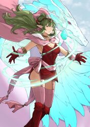 Rule 34 | 1girl, boots, bracelet, breasts, cape, cleavage, commentary, dragon, dragonstone, dress, english commentary, fire emblem, fire emblem awakening, floating, floating hair, floating object, garter straps, gem, gloves, green eyes, green hair, hair ribbon, high collar, highres, jewelry, large breasts, long hair, looking away, nintendo, pink cape, pink thighhighs, pointy ears, ponytail, red dress, red footwear, red gloves, red ribbon, ribbon, sakuremi, short dress, solo, strapless, strapless dress, thighhighs, thighs, tiki (adult) (fire emblem), tiki (fire emblem)