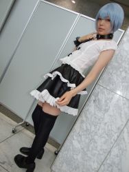 Rule 34 | 1girl, alternate costume, asian, ayanami rei, black footwear, black skirt, black thighhighs, blue hair, breasts, collar, color contacts, cosplay, dutch angle, frilled skirt, frills, full body, goth fashion, indoors, lace, leash, looking at viewer, makeup, mascara, miniskirt, namada, neon genesis evangelion, photo (medium), red eyes, short hair, skirt, small breasts, solo, standing, thighhighs, zettai ryouiki