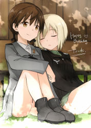 Rule 34 | 2girls, :o, blonde hair, boots, brown eyes, brown hair, character name, erica hartmann, closed eyes, gertrud barkhorn, happy birthday, heart, long hair, long sleeves, military, military uniform, multiple girls, sandwich (artist), short hair, sitting, sleeping, smile, strike witches, tsuchii (ramakifrau), twintails, uniform, world witches series