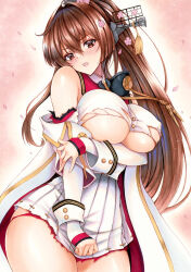 Rule 34 | 1girl, bare shoulders, blush, breasts, brown eyes, brown hair, cherry blossoms, detached sleeves, flower, hair flower, hair ornament, headgear, highres, kantai collection, large breasts, long hair, looking at viewer, open mouth, ponytail, skirt, solo, traditional media, very long hair, yamato (kancolle), yosaku vs hina