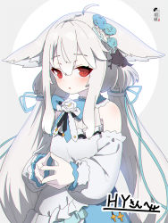 Rule 34 | 1girl, :o, ahoge, animal ear fluff, animal ears, bare shoulders, blue bow, blue ribbon, blush, bow, commentary, commission, detached sleeves, dress, flower, grey background, grey hair, hair between eyes, hair ribbon, highres, kuro kosyou, long hair, long sleeves, looking at viewer, original, parted lips, puffy long sleeves, puffy sleeves, red eyes, ribbon, rose, sakurada shiro (hy plus), skeb commission, sleeveless, sleeveless dress, sleeves past wrists, solo, steepled fingers, two-tone background, very long hair, white background, white dress, white flower, white rose, white sleeves