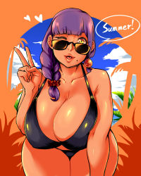 Rule 34 | 1girl, bikini, braid, breasts, chae (mike), english text, fat, hair tie, huge breasts, lips, lipstick, long hair, looking at viewer, looking over eyewear, looking over glasses, makeup, mature female, mole, mole under mouth, open mouth, original, purple hair, single braid, smile, solo, sunglasses, swimsuit, teatime (mike), thighs, tinted eyewear, v, wide hips