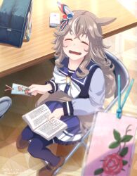 Rule 34 | 1girl, animal ears, bag, blush, book, cellphone, chair, closed eyes, commentary request, dated, grey hair, hair between eyes, hair ornament, holding bookmark, horse ears, horse girl, horse tail, open mouth, phone, pov, school uniform, solo, tail, takuzui, thick eyebrows, thighhighs, tracen school uniform, twitter username, umamusume, wonder acute (umamusume)