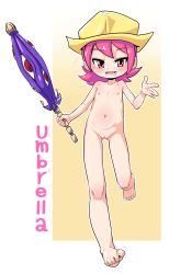 Rule 34 | 1girl, :d, absurdres, barefoot, bichosan, blush, character name, cleft of venus, feet, female focus, flat chest, full body, hat, highres, holding, holding umbrella, looking at viewer, navel, nipples, nude, open mouth, pink eyes, pink hair, pussy, short hair, skullgirls, smile, solo, toes, umbrella, umbrella (skullgirls), uncensored, walking