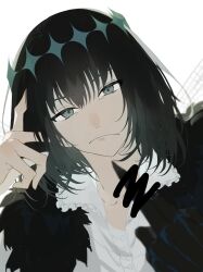 Rule 34 | 1boy, absurdres, black hair, cape, censored, censored gesture, collared shirt, diamond hairband, dragonfly wings, dress shirt, fate/grand order, fate (series), frilled shirt collar, frills, frown, fur-trimmed cape, fur trim, grey eyes, hair between eyes, highres, male focus, middle finger, nostrils, oberon (fate), oberon (third ascension) (fate), romo827, shirt, short hair, simple background, solo, upper body, white background