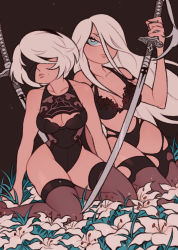 Rule 34 | 2girls, absurdres, black bra, black hairband, black panties, blindfold, blue eyes, bra, breasts, cleavage, cleavage cutout, clothing cutout, commentary, covered eyes, field, flower, flower field, hair over one eye, hairband, highres, implied yuri, katana, leotard, lily (flower), long hair, looking at viewer, medium breasts, mole, mole under mouth, multiple girls, nier (series), nier:automata, panties, planted sword, planted, priscilla (bampshi), short hair, silver hair, sword, thighhighs, torn clothes, torn legwear, underwear, weapon, 2b (nier:automata), a2 (nier:automata)