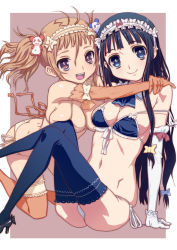 Rule 34 | 2girls, ass, bare shoulders, black hair, blue eyes, blush, bra, breasts, brown eyes, brown hair, cleavage, elbow gloves, gloves, hair ornament, hirose (mokiki), hug, kneeling, large breasts, lingerie, long hair, maid headdress, multiple girls, navel, off shoulder, open mouth, original, panties, side-tie panties, sitting, smile, thighhighs, twintails, underwear, underwear only